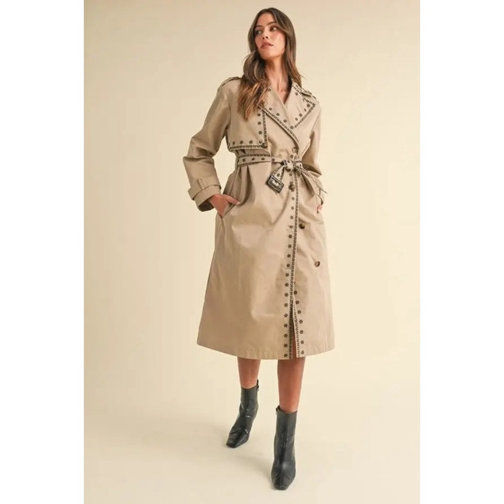 NEW Mable Embroidered Trench Coat Sz Medium Taupe and Black Neutral